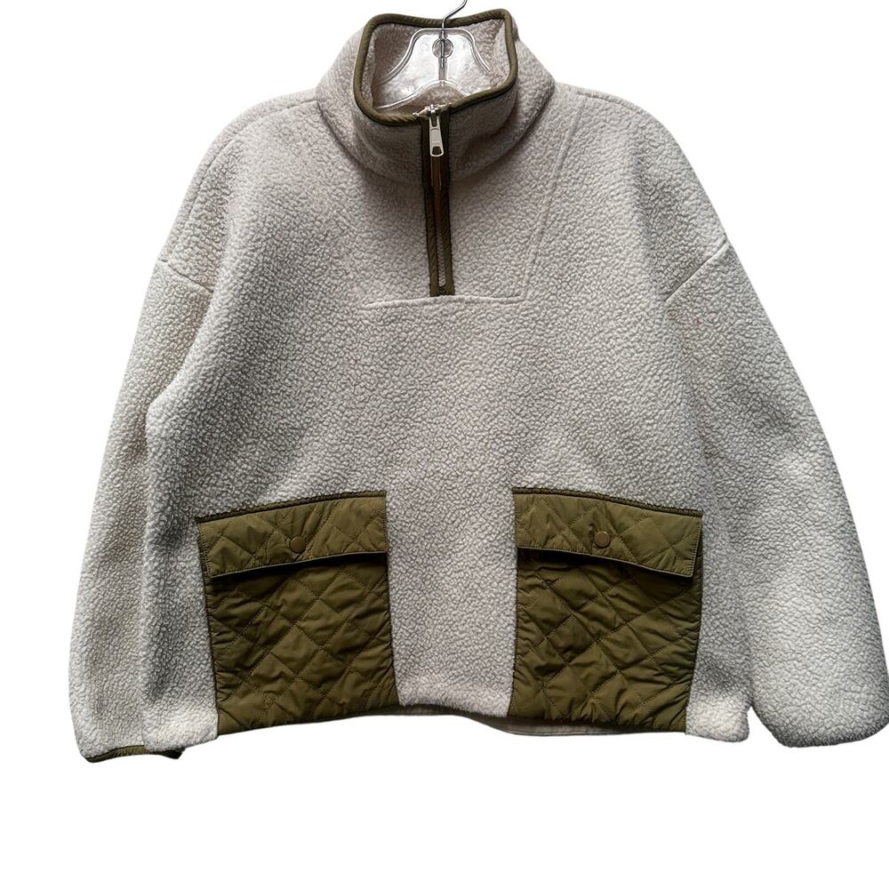 Madewell Cream Fleece 1/4 Zip Fleece Popover Jacket Barn Pockets Green Boxy Cozy - Picture 1 of 11